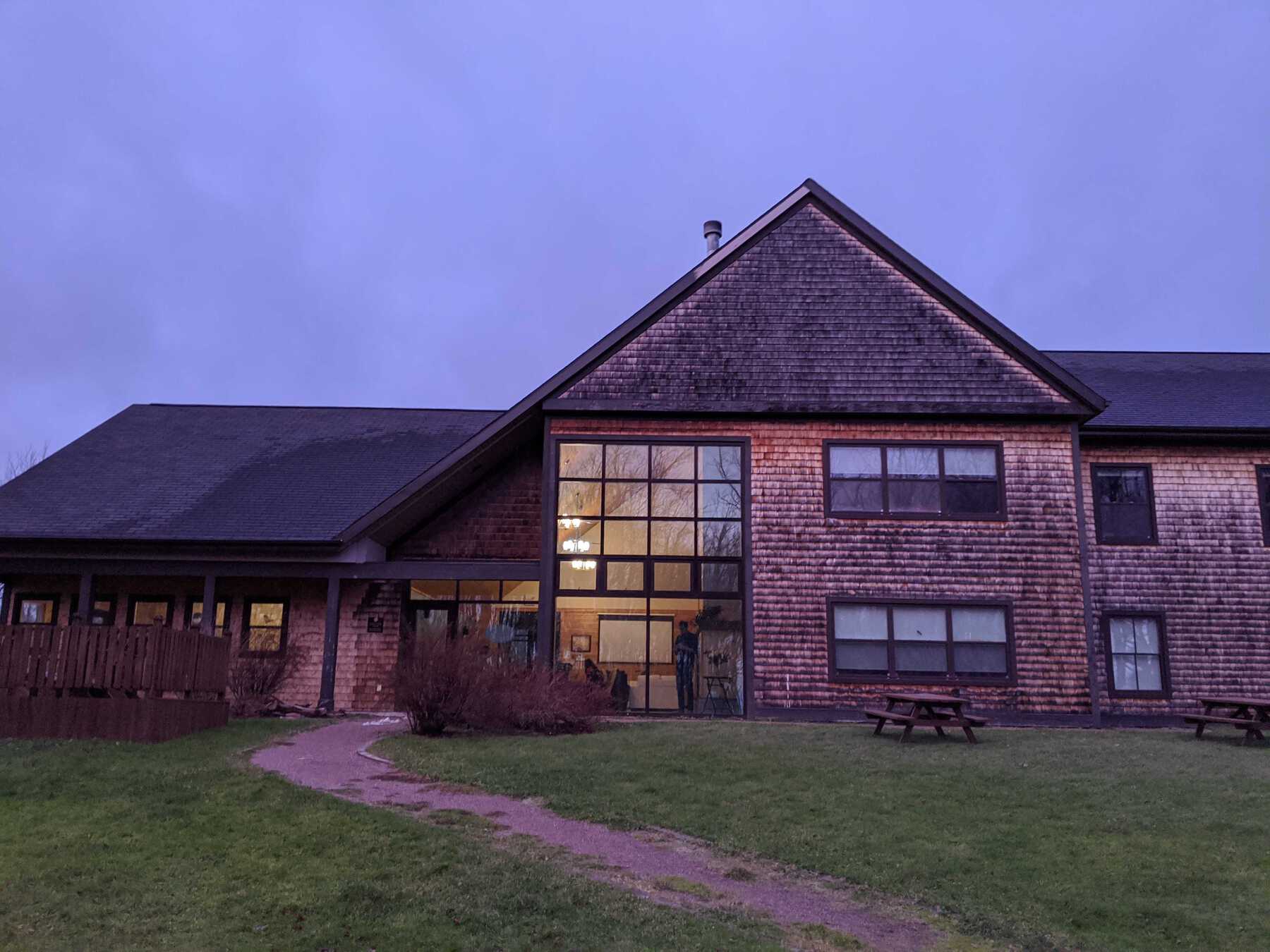 Building with many windows at night