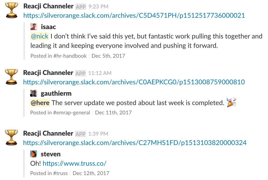 Screenshot of Slack messages with trophy emoji