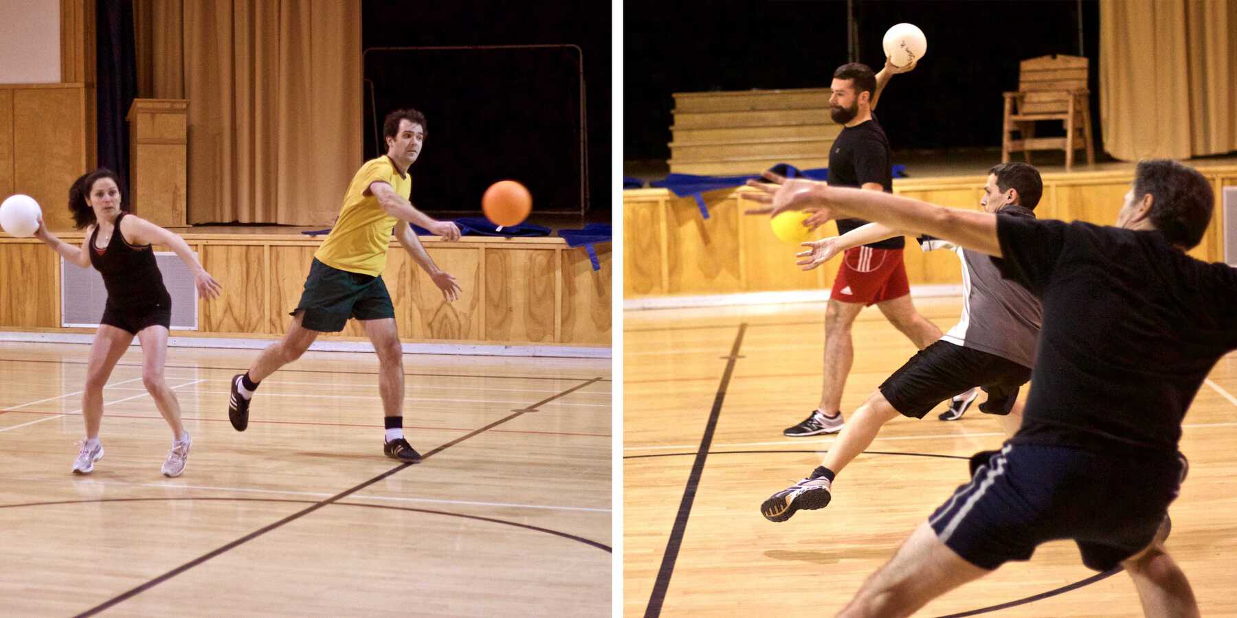 People playing dodgeball in a gym