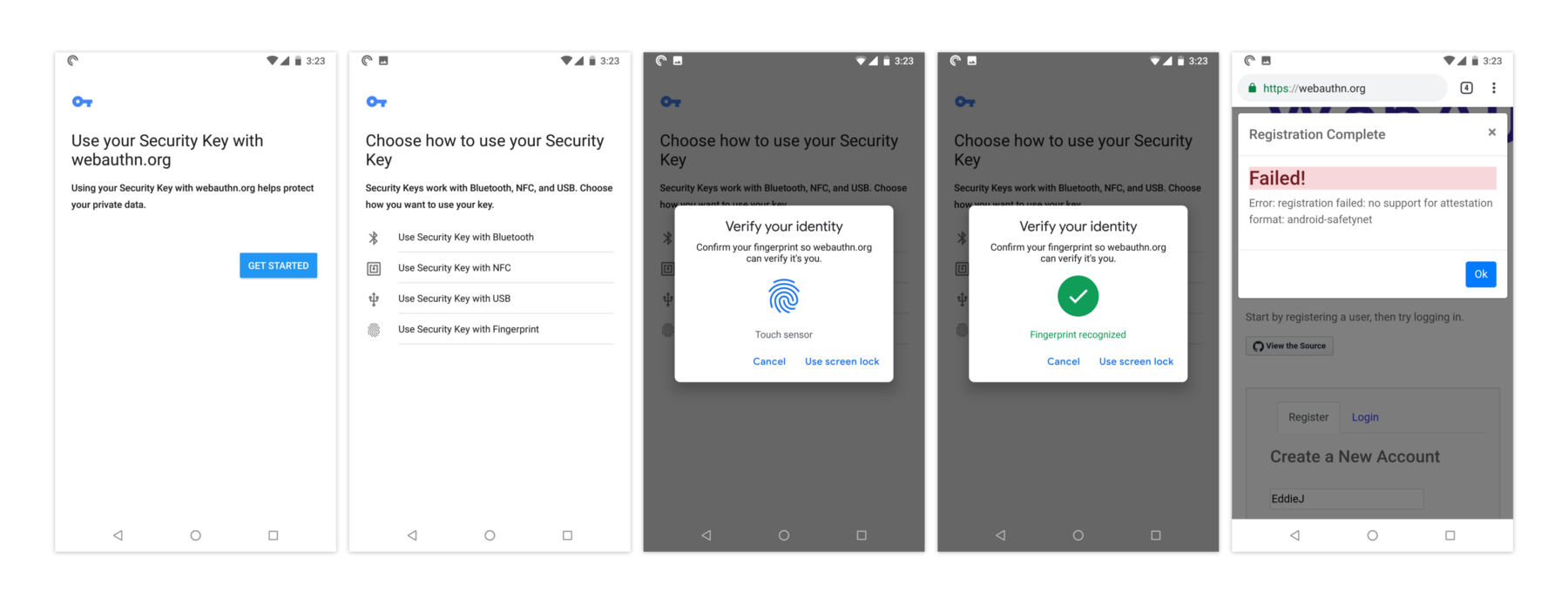 Collection of screenshots showing the steps to use WebAuthn on Android