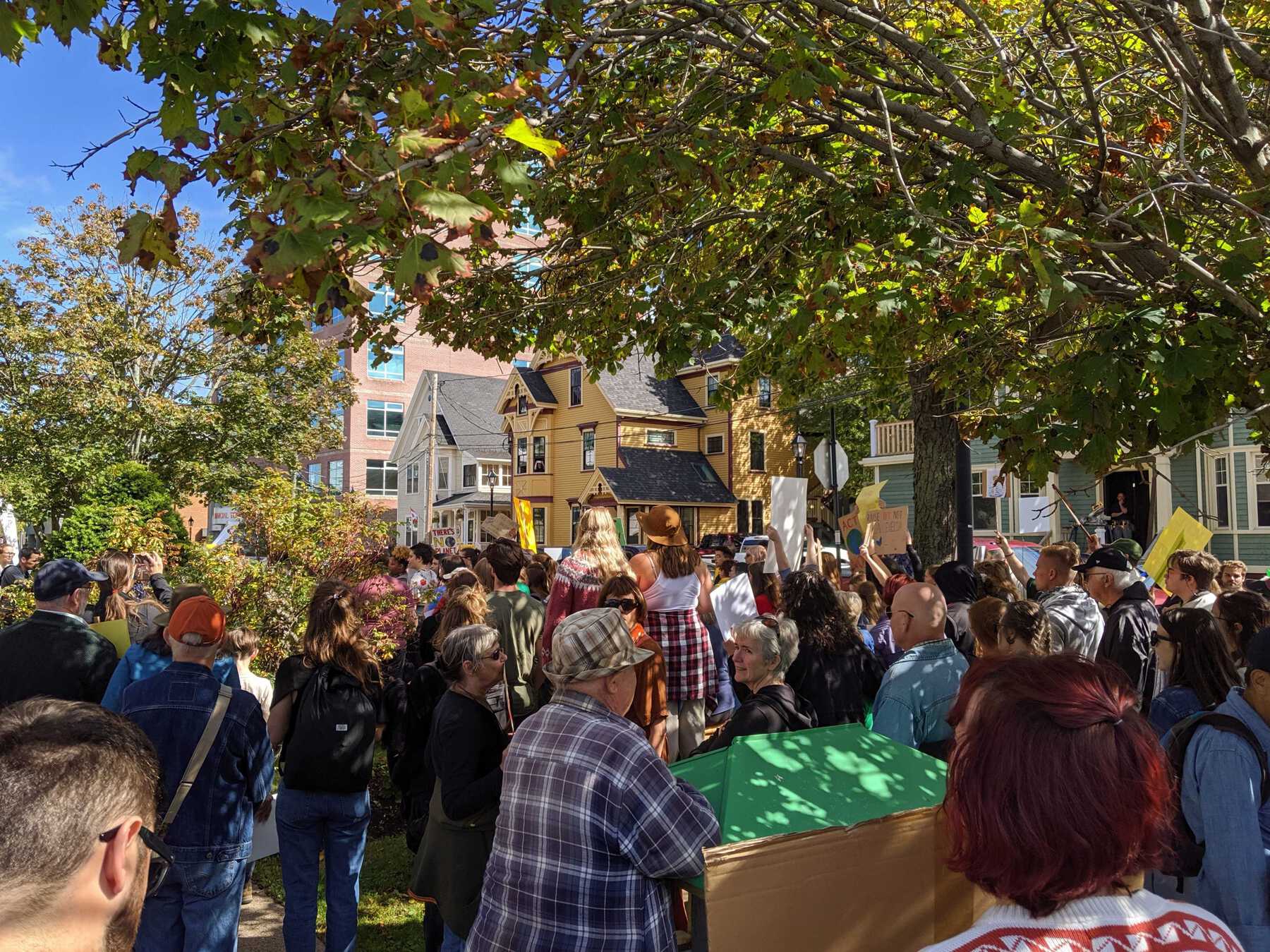 Crowd with signs on city street